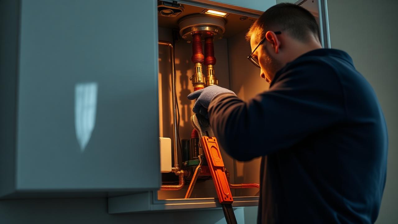 Tecnico che ripara una caldaia a gas murale